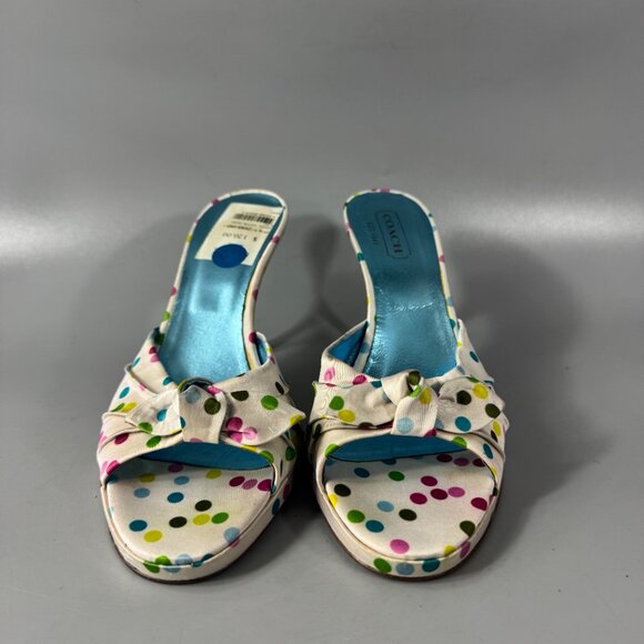 COACH White Satin Multicolor Polka Dots Heels Bow Accents, Size 7.5 B - Picture 3 of 15